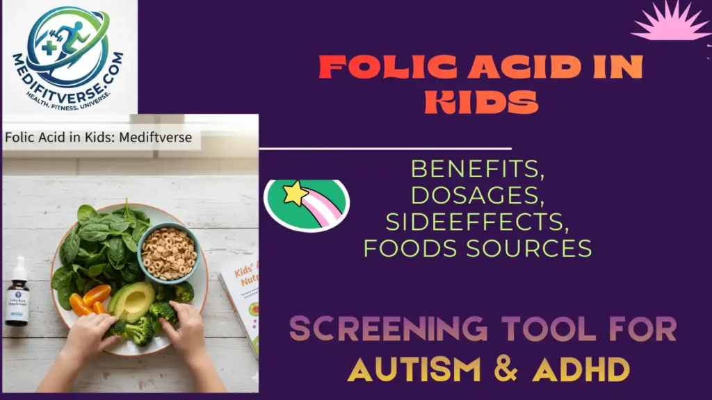 A graphic informational banner titled Folic Acid for Kids featuring a dark background, a brand logo, and an inset photo of a child holding green vegetables.