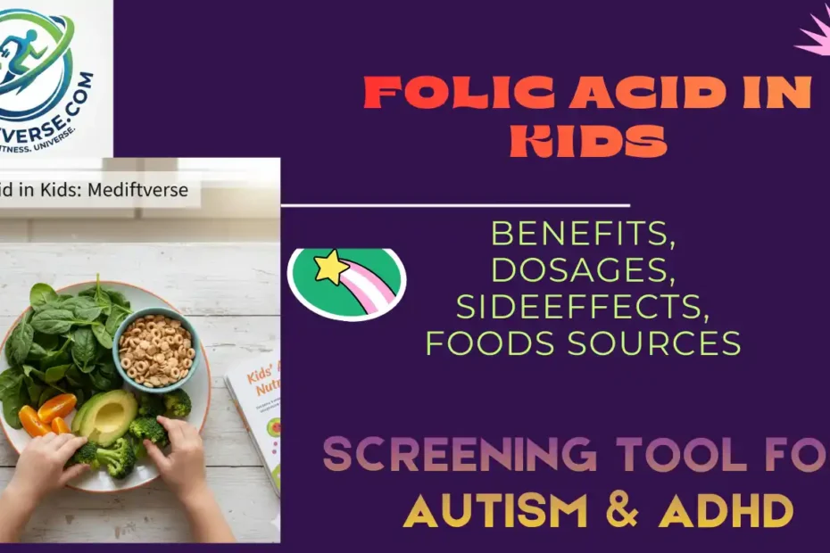A graphic informational banner titled Folic Acid for Kids featuring a dark background, a brand logo, and an inset photo of a child holding green vegetables.