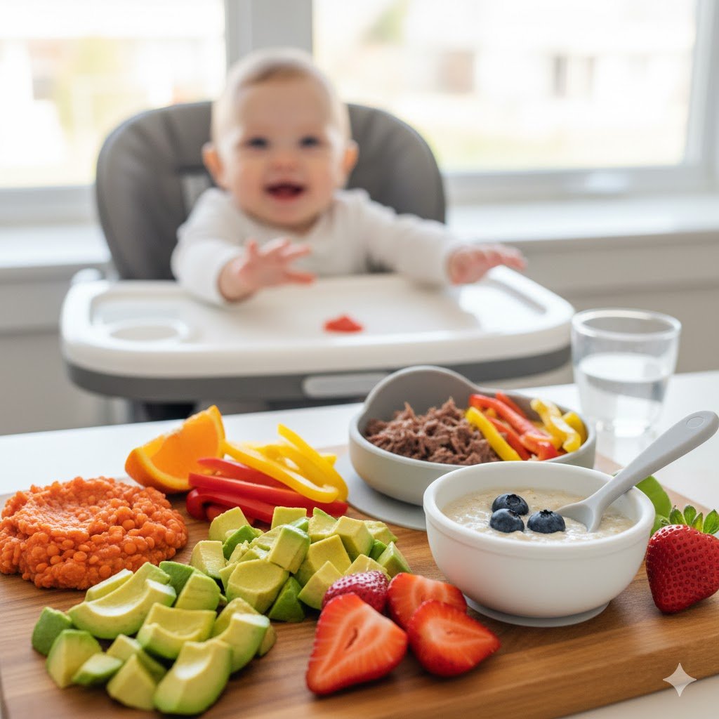 A table featuring iron-rich baby foods including mashed lentils, diced avocado, and finely minced meat, paired with Vitamin C sources like sliced strawberries, oranges, and bell peppers. 