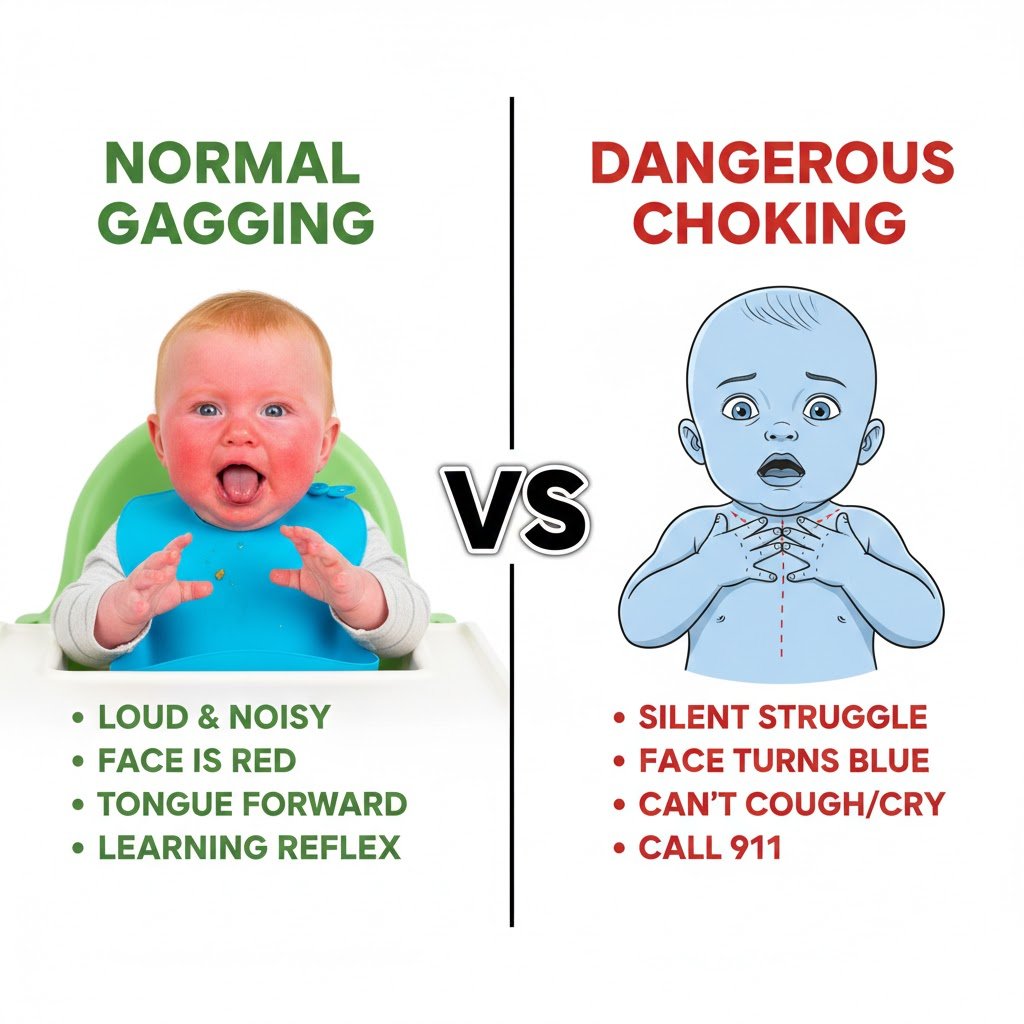An educational side-by-side comparison infographic for parents. The left side shows a "Normal Gagging" baby with a red face and noise indicators. The right side shows a "Dangerous Choking" illustration with blue-tinted skin and silent distress signs.