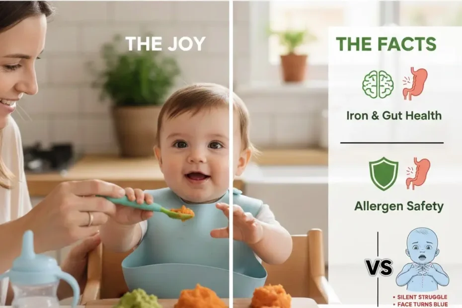 An infographic guide cover titled Your Ultimate Guide to Starting Solids, showing a mother feeding a smiling baby in a high chair next to nutritional health facts.
