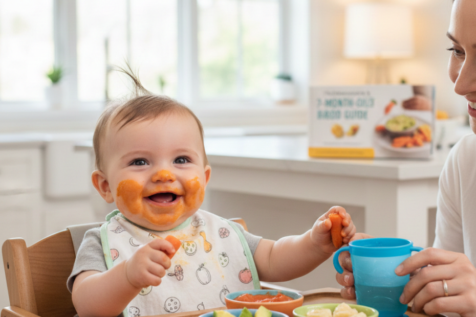 A happy 7-month-old baby in a high chair with a messy face, eating mashed carrots and avocado, following a 7-month-old feeding schedule.