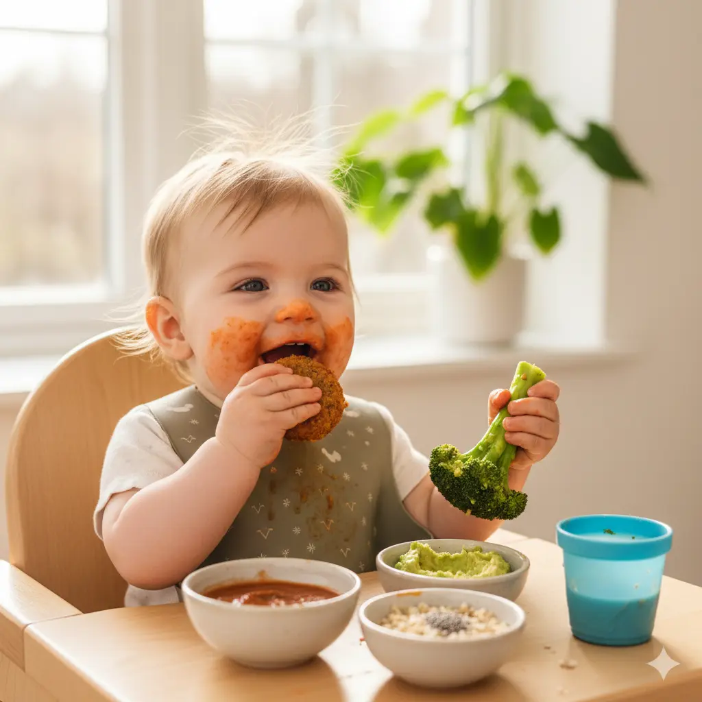 7-month-old baby sitting in a high chair covered in food while eating a broccoli floret next to a bowl of puree.