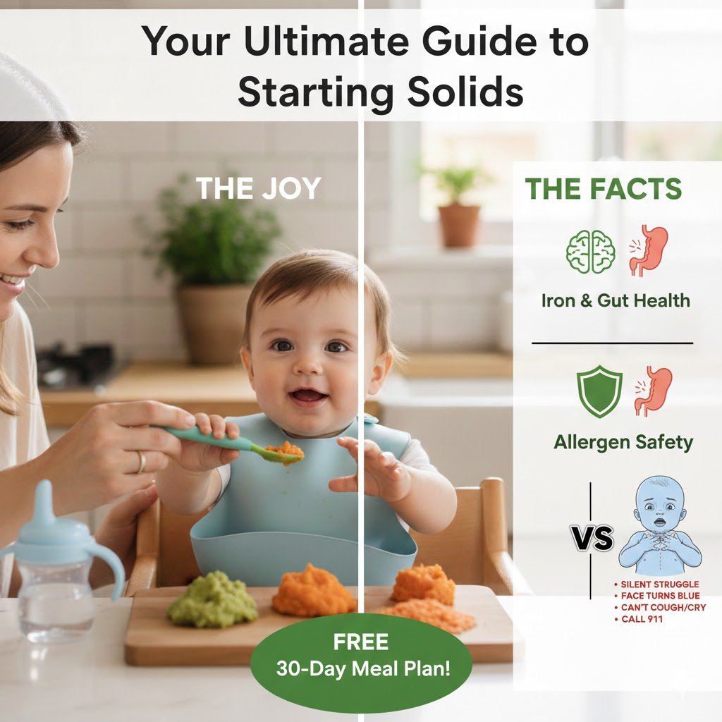 A 6-month-old baby beginning the process of starting solids with a pediatrician-approved meal plan including iron-rich foods and safety icons for gagging vs. choking.