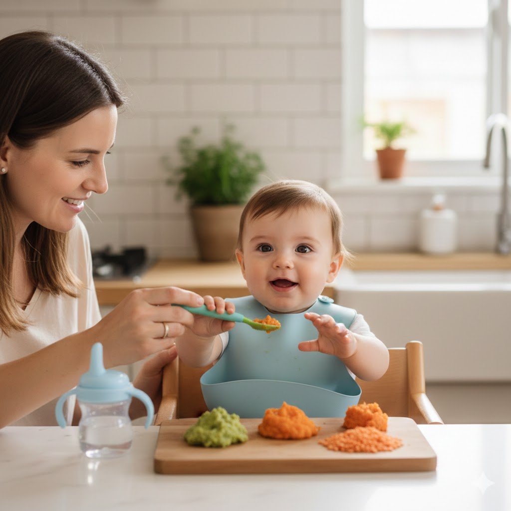 A happy 6-month-old baby in a high chair being spoon-fed sweet potato puree by a parent, showing signs of weaning readiness.