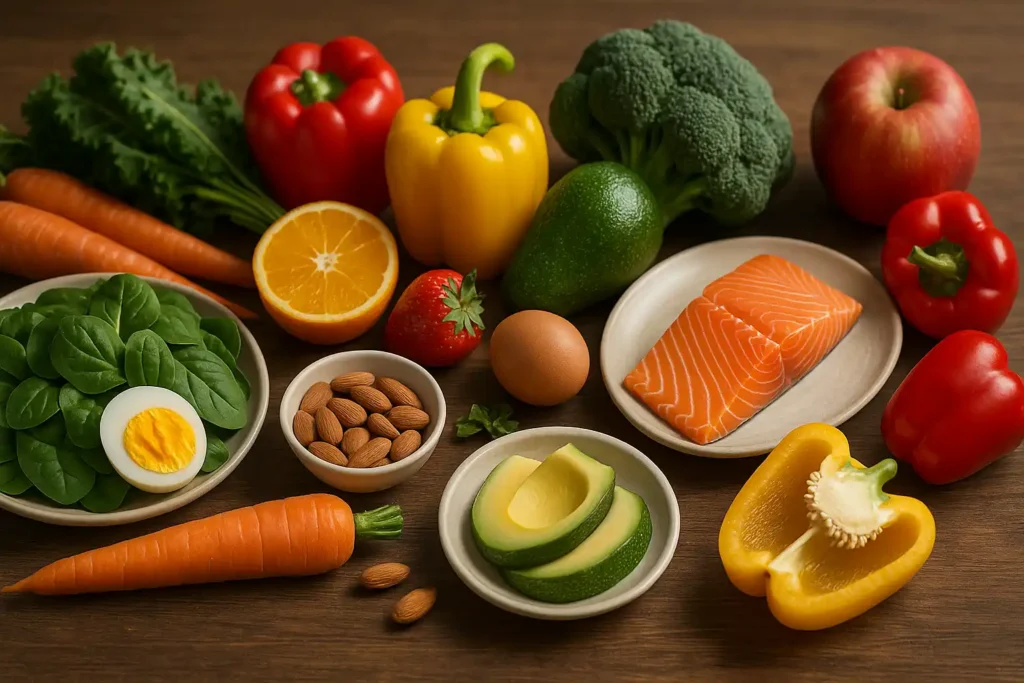 A collection of folic acid food sources including fresh salmon, eggs, broccoli, carrots, sliced avocado, and colorful bell peppers arranged on a wooden table.