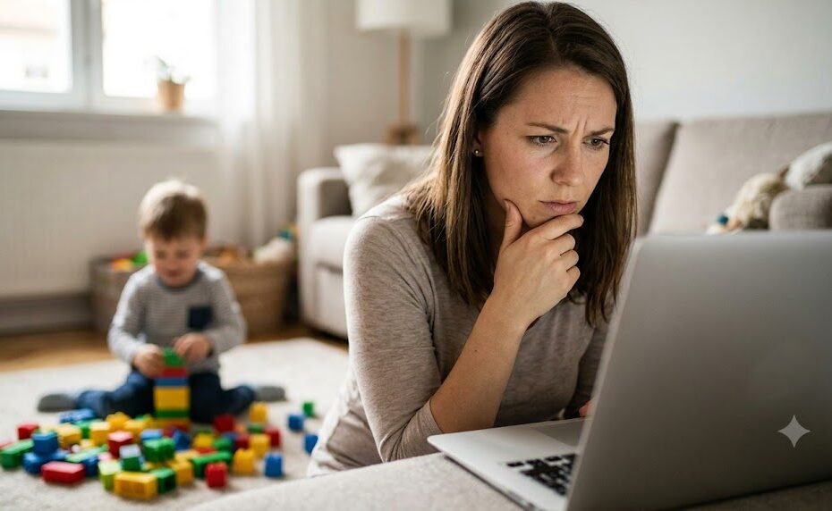A laptop screen shows a concerned mother researching a free autism test online while her young child plays with colorful blocks in the background.