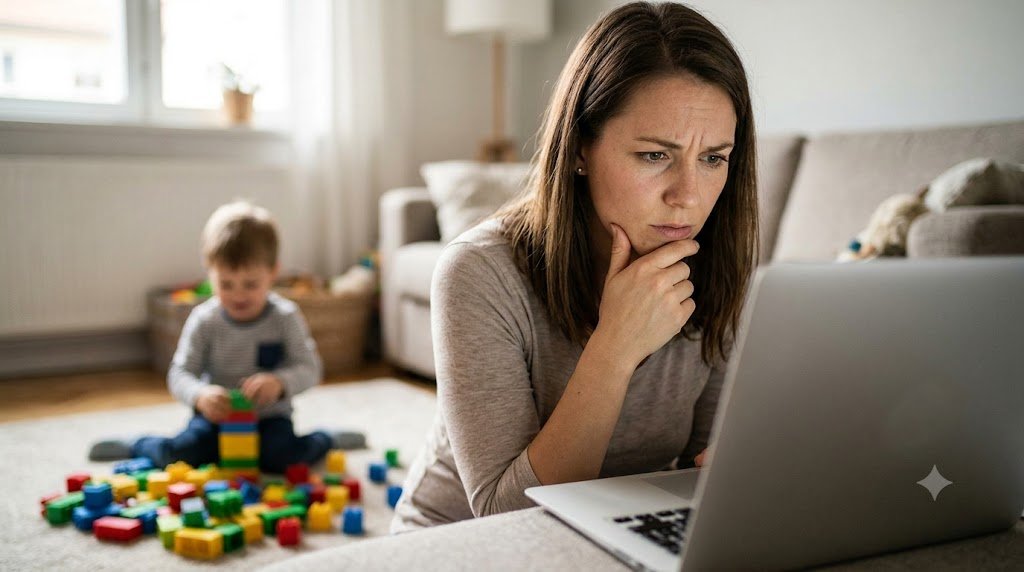 A laptop screen shows a concerned mother researching a free autism test online while her young child plays with colorful blocks in the background.