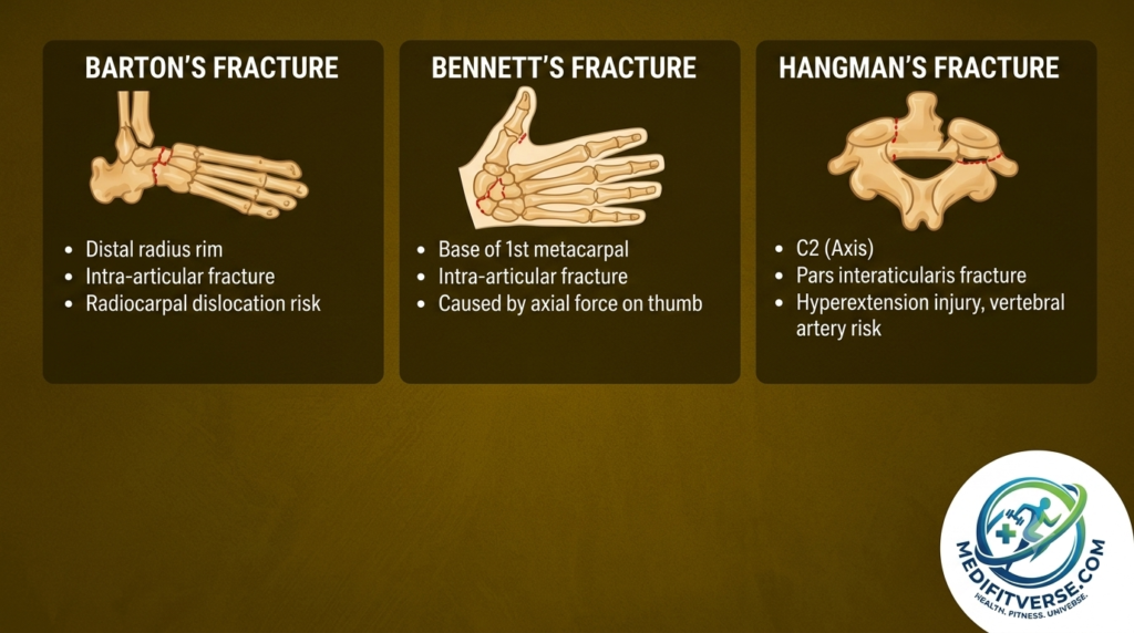 Medical infographic comparing three distinct fracture types: Barton’s fracture (distal radius), Bennett’s fracture (1st metacarpal base), and Hangman’s fracture (C2 vertebrae), with anatomical details for each.
