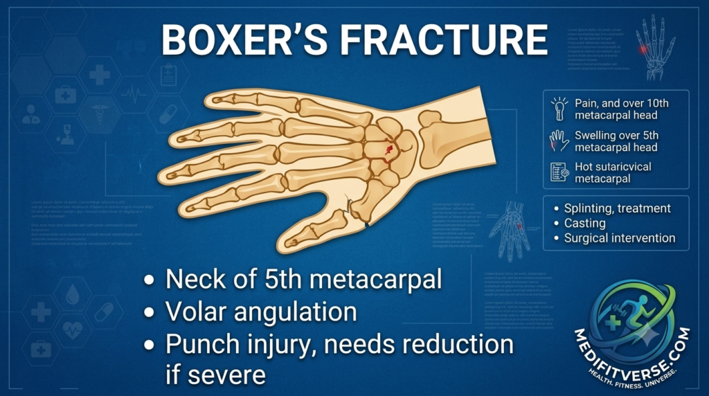 Medical infographic illustrating a Boxer’s fracture, showing the location of the fracture at the neck of the 5th metacarpal with associated clinical signs and management options.