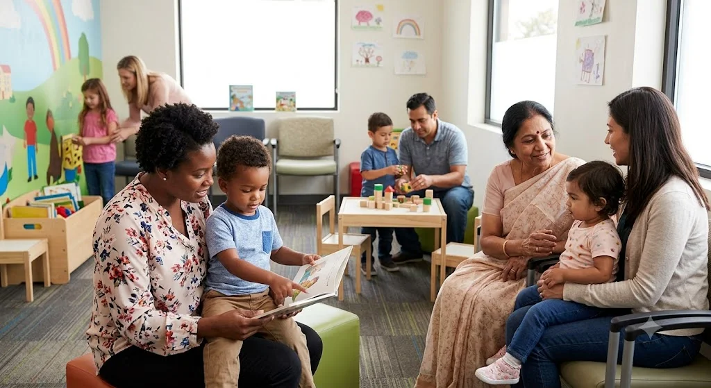A wide shot of a bright and welcoming pediatric waiting room filled with a diverse group of families. In the foreground, an African American mother reads a book to her young son, while nearby, an Indian grandmother in a traditional sari and a mother smile at a toddler. In the background, other parents and children play with toys near a wall decorated with a colorful rainbow mural and children's drawings.