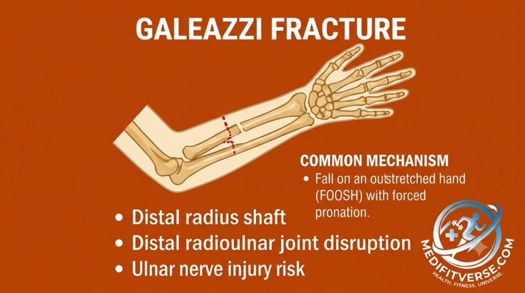 Medical infographic illustrating a Galeazzi fracture, showing a fracture of the distal radius shaft with distal radioulnar joint (DRUJ) disruption, including mechanism and injury risks.