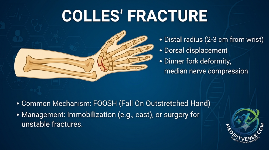 Medical illustration of a Colles' fracture showing distal radius injury, dorsal displacement, and dinner fork deformity with associated clinical notes for students.