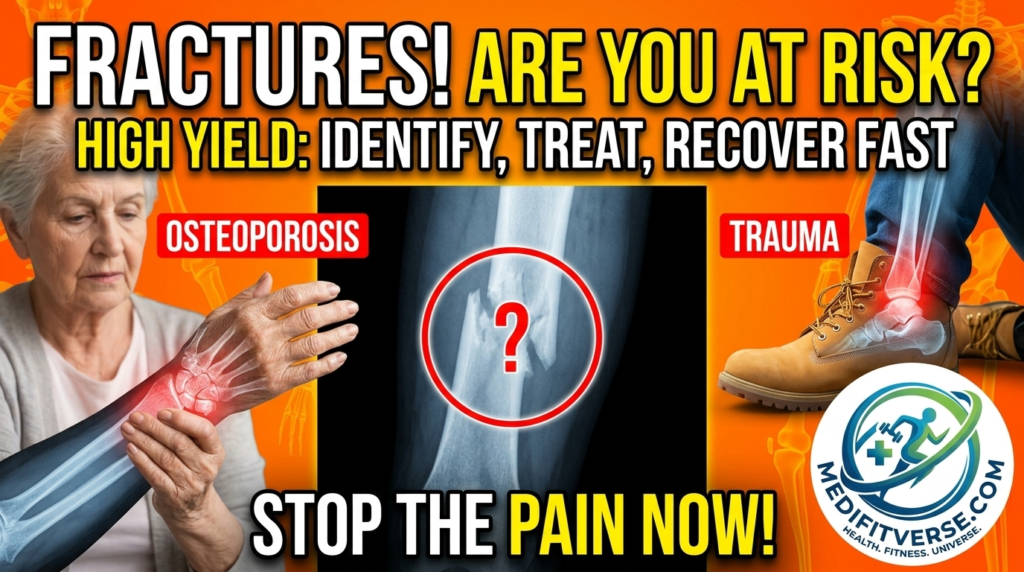 A medical infographic titled "FRACTURES! ARE YOU AT RISK?" needs Orthopedics, with a subtitle "HIGH YIELD: IDENTIFY, TREAT, RECOVER FAST". On the left, an elderly woman is shown with a glowing red X-ray of an osteoporosis-related wrist fracture. In the center is a leg X-ray showing a complex tibia fracture marked with a large red question mark. On the right, a foot in a work boot is shown with a trauma-related ankle fracture highlighted in red. The bottom text says "STOP THE PAIN NOW!". The Medifitverse.com logo is in the bottom right.