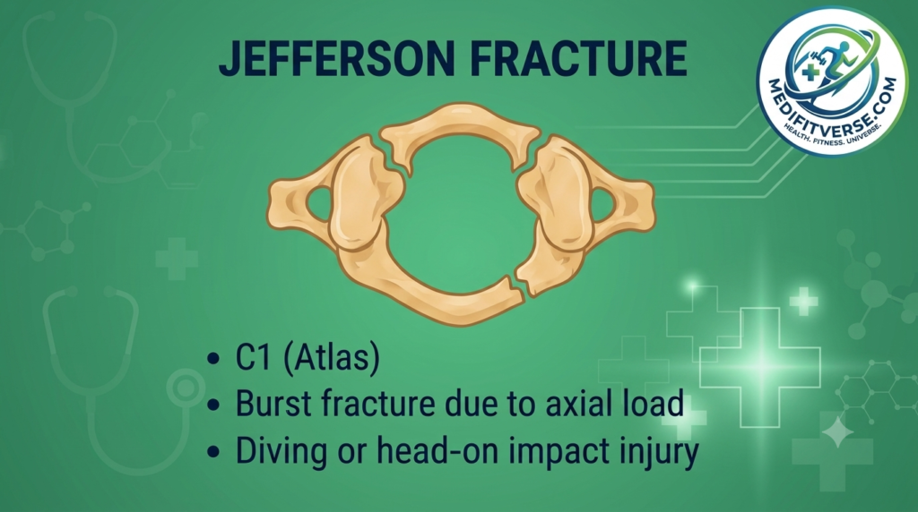 Medical infographic illustrating a Jefferson fracture, showing a burst fracture of the C1 (Atlas) vertebra, with notes on the mechanism and causes.