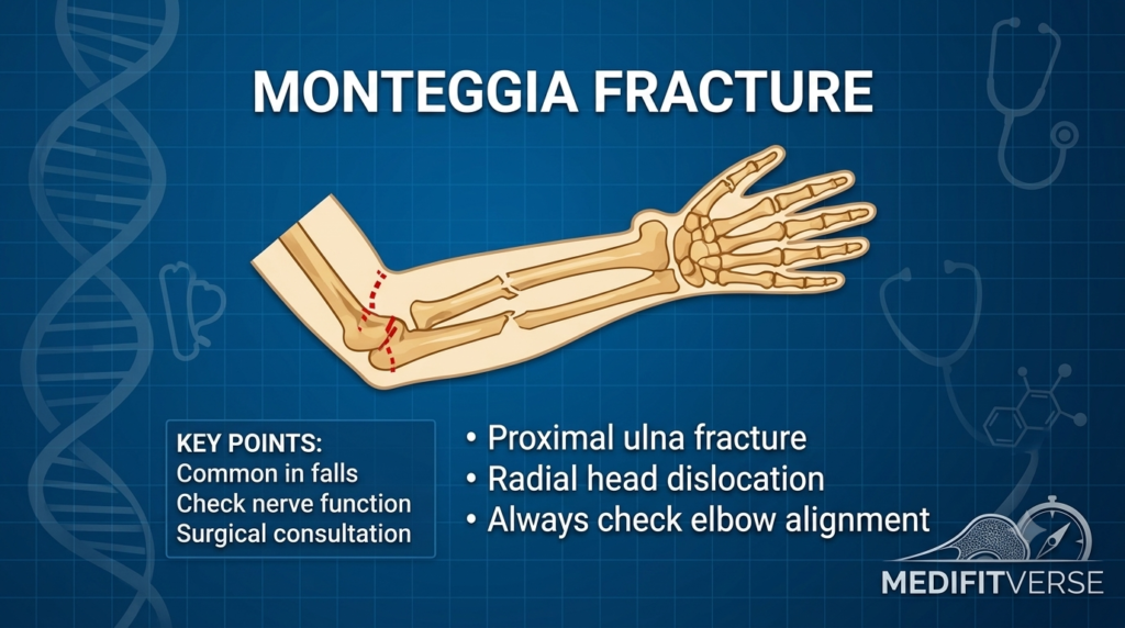 Medical infographic illustrating a Monteggia fracture, showing a fracture of the proximal ulna with an associated dislocation of the radial head, accompanied by key clinical management points.