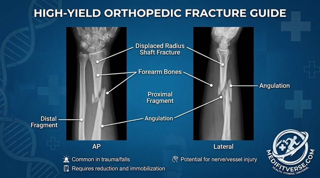 Medical X-ray illustration comparing AP and lateral views of a displaced radius shaft fracture, labeling forearm bones, proximal and distal fragments, and angulation for orthopedics study.