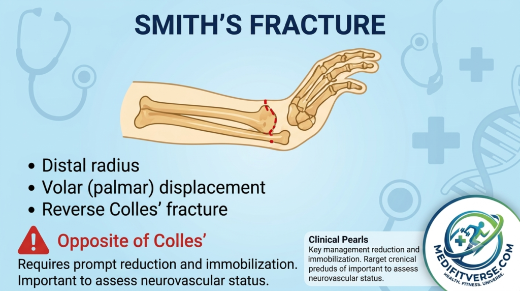 Medical infographic illustrating a Smith's fracture, showing a distal radius fracture with volar (palmar) displacement, often referred to as a "reverse Colles' fracture," with clinical management notes
