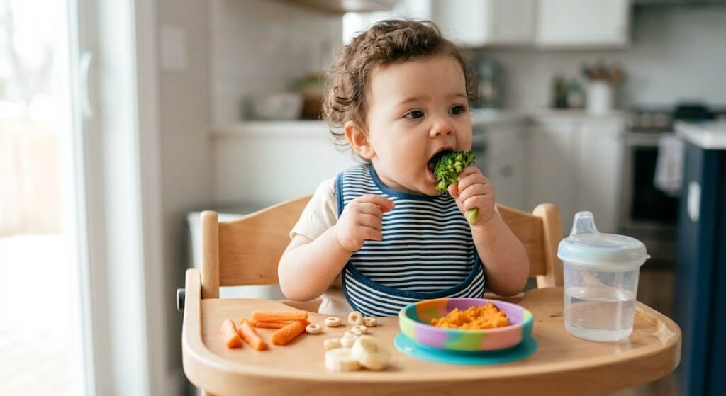 An 8-month-old baby wearing a blue bib and sitting in a high chair, self-feeding with solid food from a colorful plate.