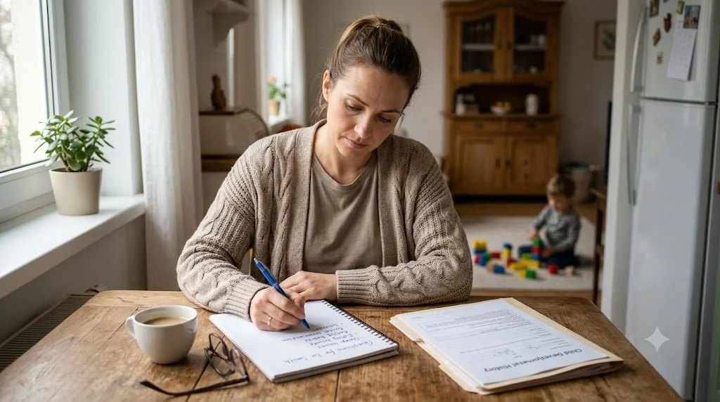 A focused mother sitting at a rustic kitchen table, writing notes and preparing a list of questions for a doctor's visit in a notebook next to a cup of coffee, while her young child plays with colorful blocks in the blurred background.
