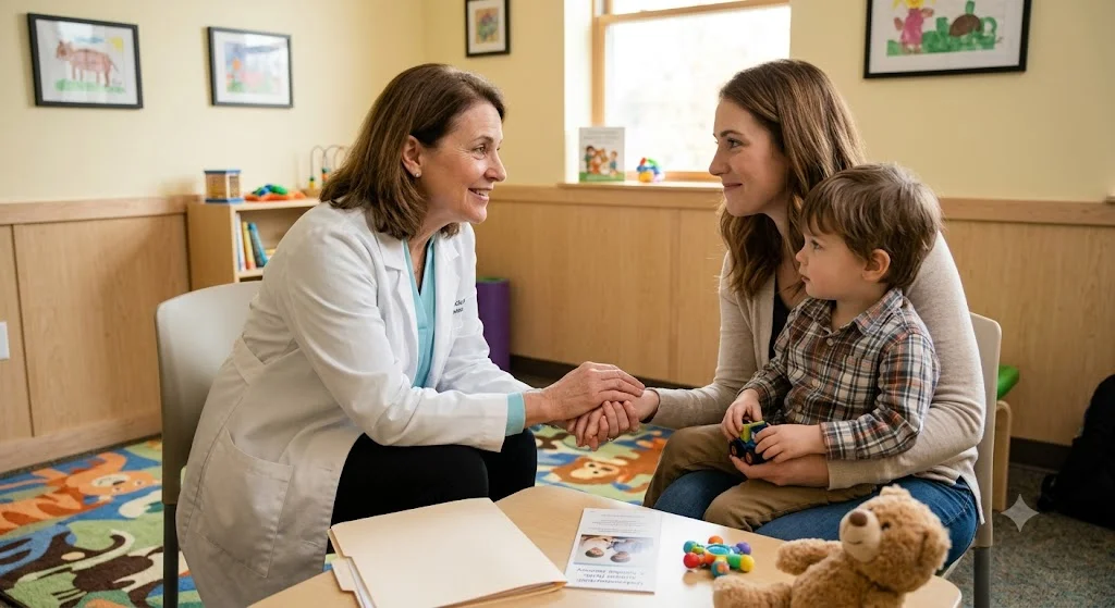 A warm and reassuring consultation between a female pediatrician in a white lab coat and a mother holding her young son on her lap in a colorful clinic room, discussing an ASD diagnosis with empathy.
