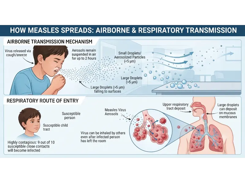 A two-part educational diagram illustrating how measles virus particles are released via coughing or sneezing into the air as aerosols and how they infect a new host through the respiratory tract.