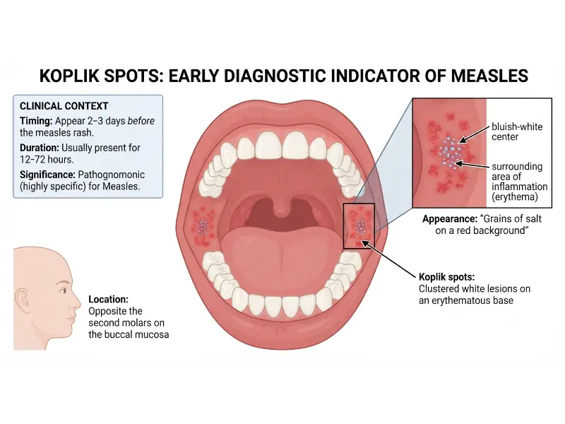 A close-up educational dental and oral diagram showing the precise location and visual appearance of Koplik spots inside a patient's mouth.