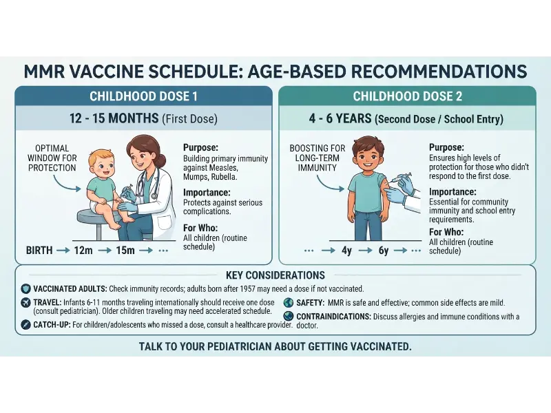 An age-based educational chart detailing the two-dose routine schedule for the Measles, Mumps, and Rubella (MMR) vaccine in childhood alongside key travel and adult booster considerations.