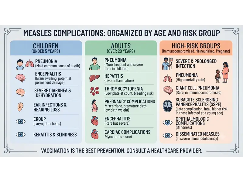 A structured multi-column chart categorizing potential medical complications of measles by children under 5, adults over 20, and high-risk vulnerable groups.
