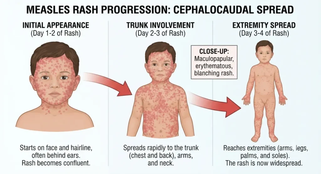 A three-part medical illustration showing the head-to-toe (cephalocaudal) spread of a measles rash across a young child's body over several days.