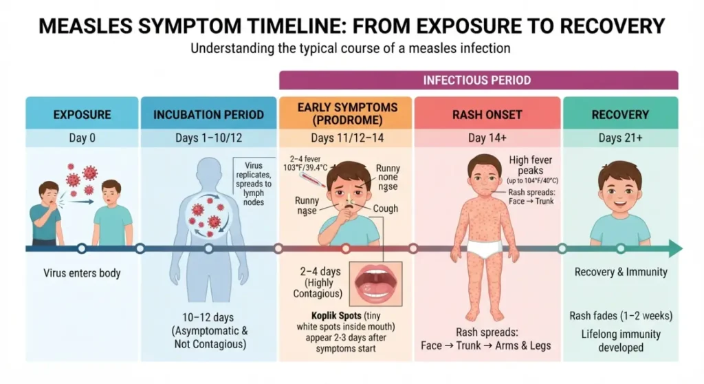 A horizontal infographic timeline showing the stages of a measles infection from exposure on Day 0 through the incubation period, early prodrome symptoms with Koplik spots, rash onset, and eventual recovery.