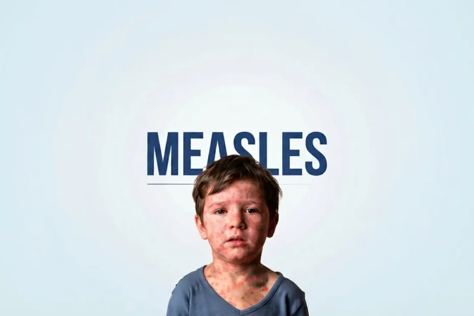 Child with measles rash alongside medical illustrations of the measles virus and MMR vaccine
