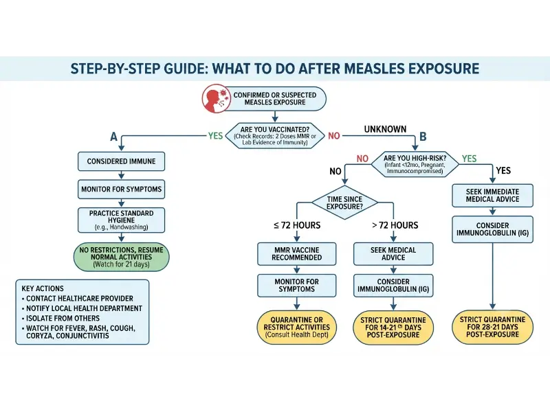 A decision-tree flowchart guiding individuals through recommended actions following a confirmed or suspected exposure to measles based on vaccination status and risk level.