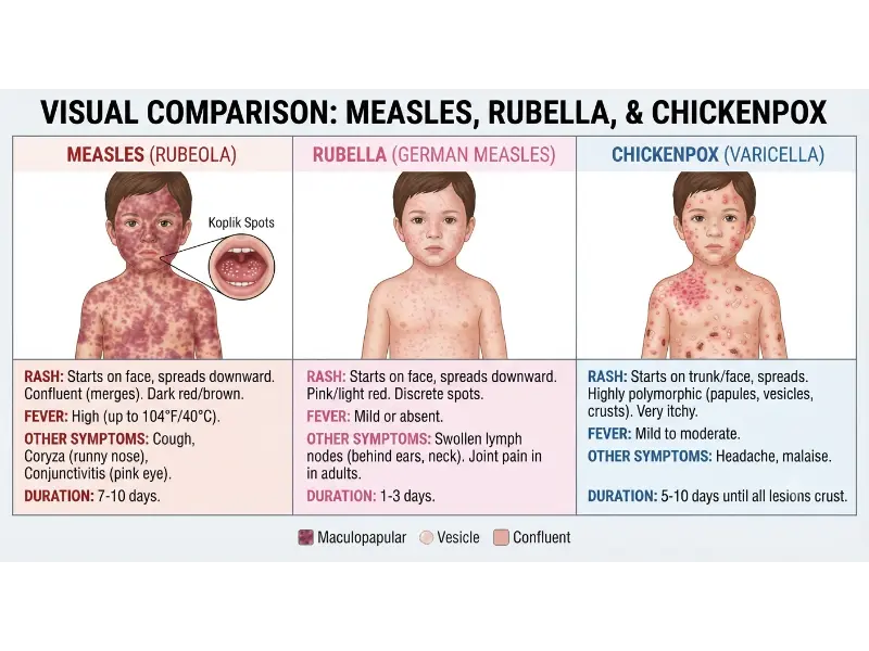 A comparative three-column chart contrasting the visual appearance, rash type, fever severity, and associated symptoms of Measles, Rubella, and Chickenpox.